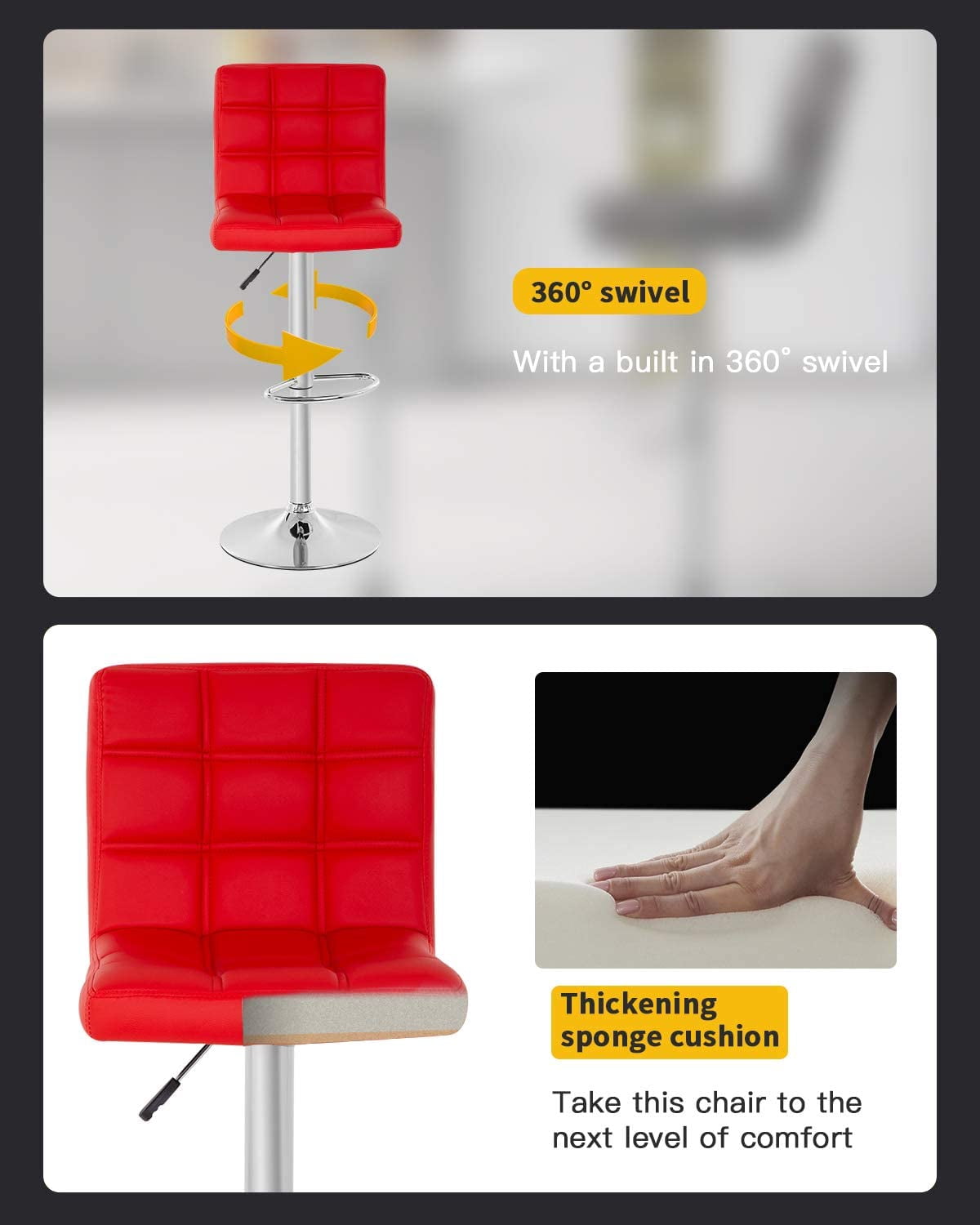 BestOffice Bar Stool with Adjustable Height, Red, Set of 2