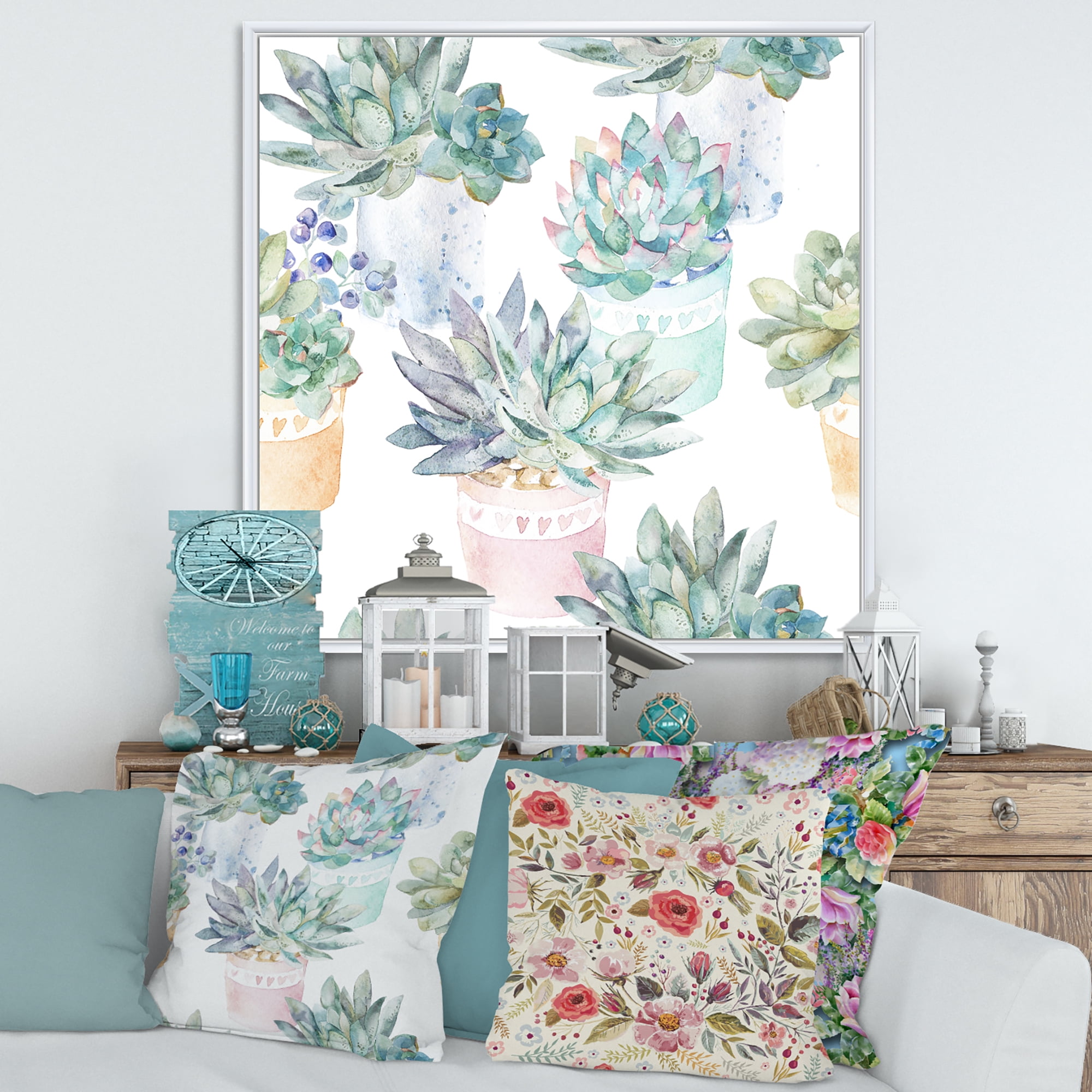 Designart 'Pastel Toned Succulent Housplants in Flowerpots' Traditional Framed Canvas Wall Art Print