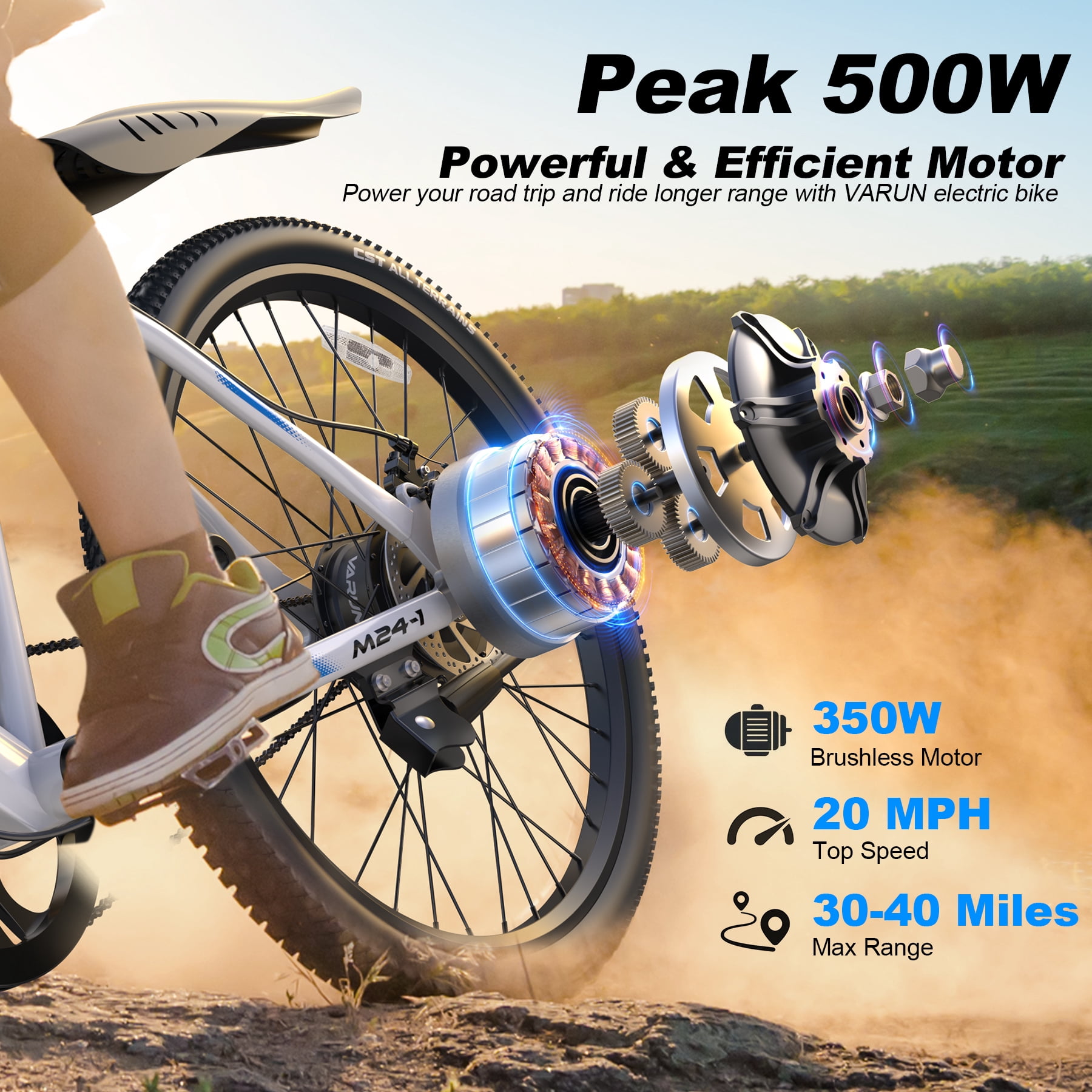 Varun Electric Bike for Adults, 24'' 500W Peak Ebike, Up to 35 Miles 20MPH Electric Mountain Bike with 36V 7.8AH Removable Battery, Fenders, Full Suspension, Bike Cover