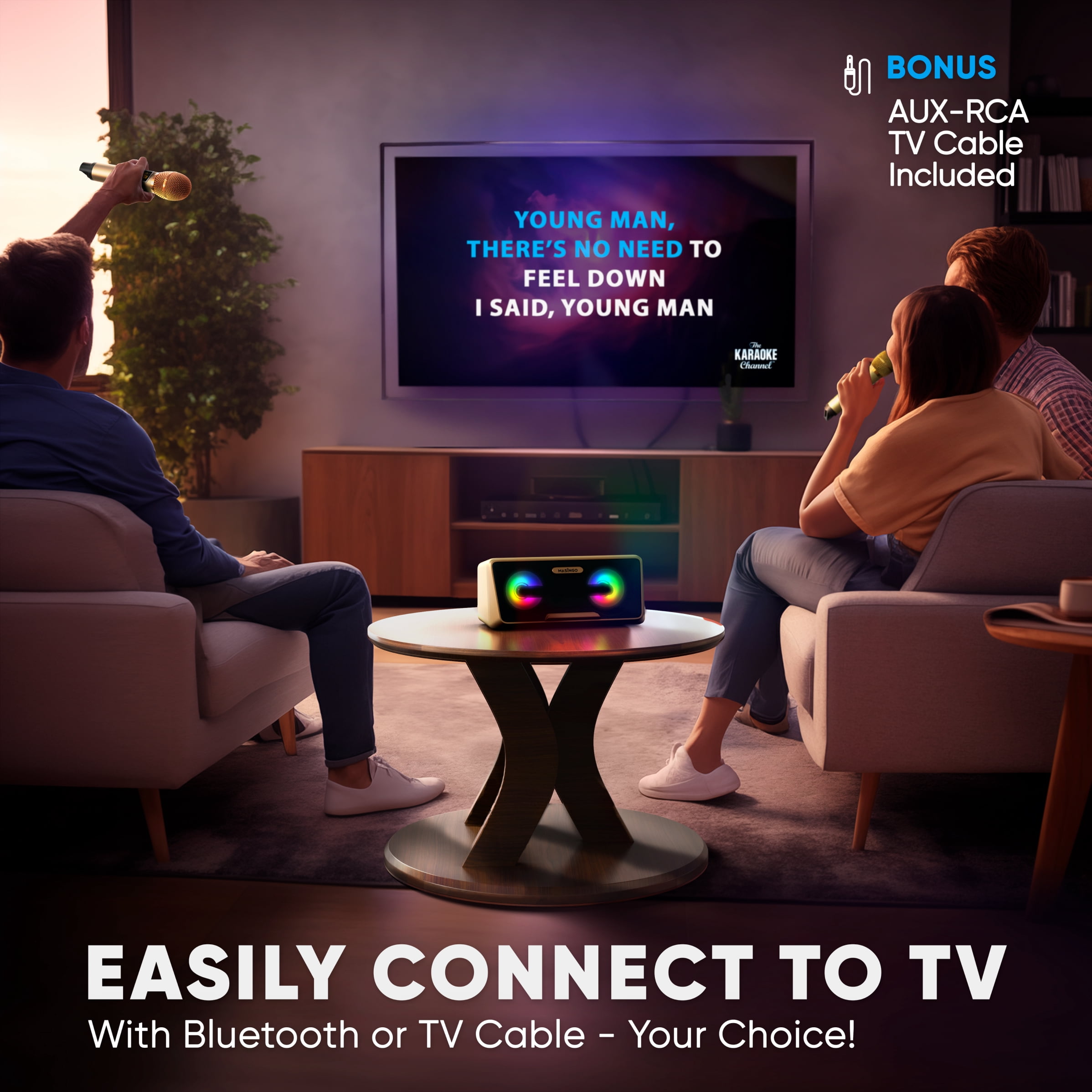 MASINGO Karaoke Machine for Adults and Kids with 2 Wireless Microphones, Portable Bluetooth Singing Speaker, Colorful LED Lights, PA System, Lyrics Display Holder & TV Cable - Presto G2 (Gold)