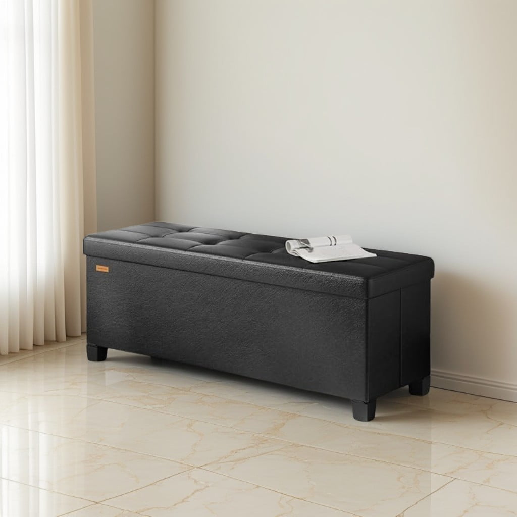 LEDREM 43-Inch Storage Ottoman Bench, 660 lb Capacity Foldable Footrest with 30 Gallon Storage, Synthetic Leather, Ink Black