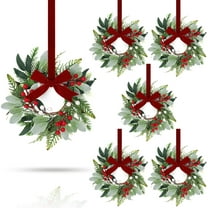Guvpev 6 Pc 9'' Mini Christmas Hanging Wreaths with Red Ribbon Artificial Norfolk Pine Red Berries and Lambs Ear Leaves Small Candle Ring Wreaths for Mantel, Stairs, Window, Walls, Holiday Xmas Decor