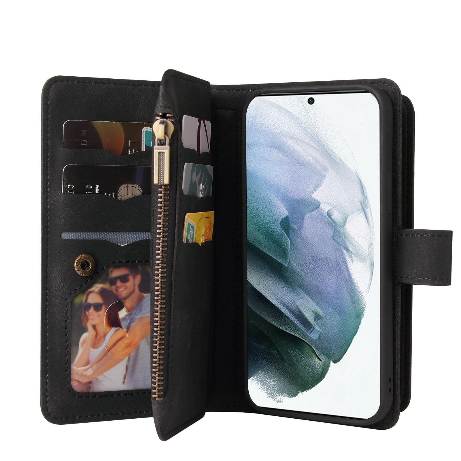 Wallet Case for Galaxy A03s, Magnetic Zipper Pouch Premium PU Leather with Kickstand Wallet Flip Shockproof Phone Case Wrist Strap Card Slots Holder Pocket Samsung Galaxy A03s,
Black