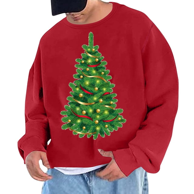 Sudadera sin capucha para hombre, cuello redondo, deportiva, con estampado de árbol de Navidad, sudadera con capucha, jersey de manga larga, blusa de poliéster para hombre