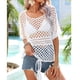 thumbnail image 4 of Mujeres Crochet Hollow Out Cover Up Top Drawstring Crew Neck manga corta de punto Bikini Cover Up, 4 of 7