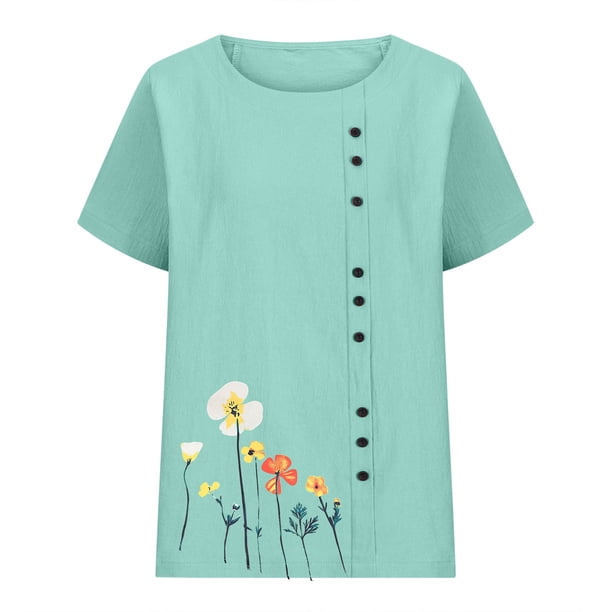 Tops de Manga Corta de Verano para las Mujeres Cuello Redondo Impreso Botón Superior Camiseta de Imitación Rack, Blusa de Moda Casual para el Uso Diario