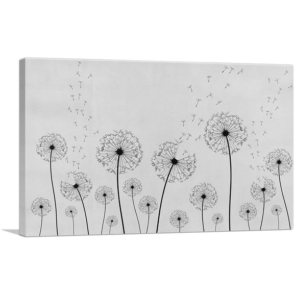 ARTCANVAS Dandelion Gray Black Rectangle Canvas Art Print - Size: 26" x 18" (0.75" Deep)