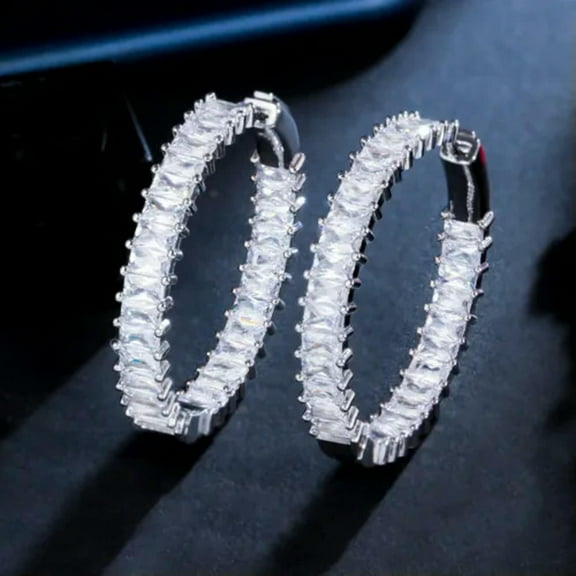 Sparkly Baguette CZ Big Circle Round Hoop Earrings White Gold Party Jewellery
