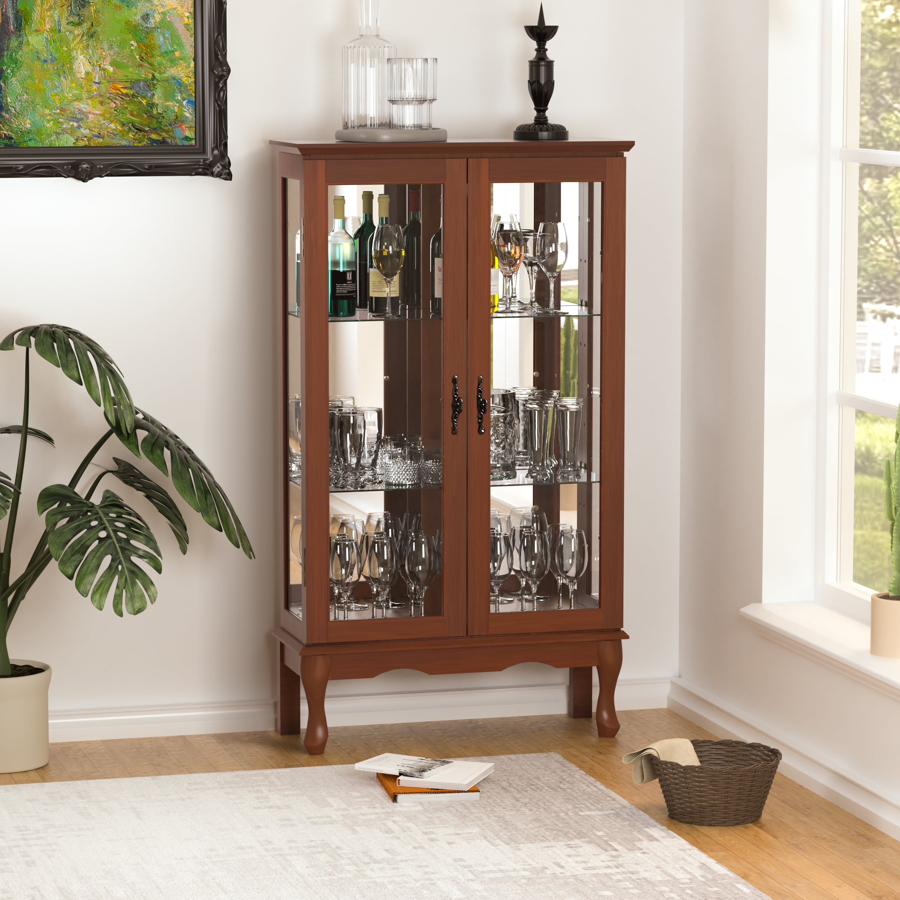 Miniyam 3 Tier Curio Cabinet Lighted Curio Diapaly Cabinet with Adjustable Shelves and Mirrored Back Panel Walnut