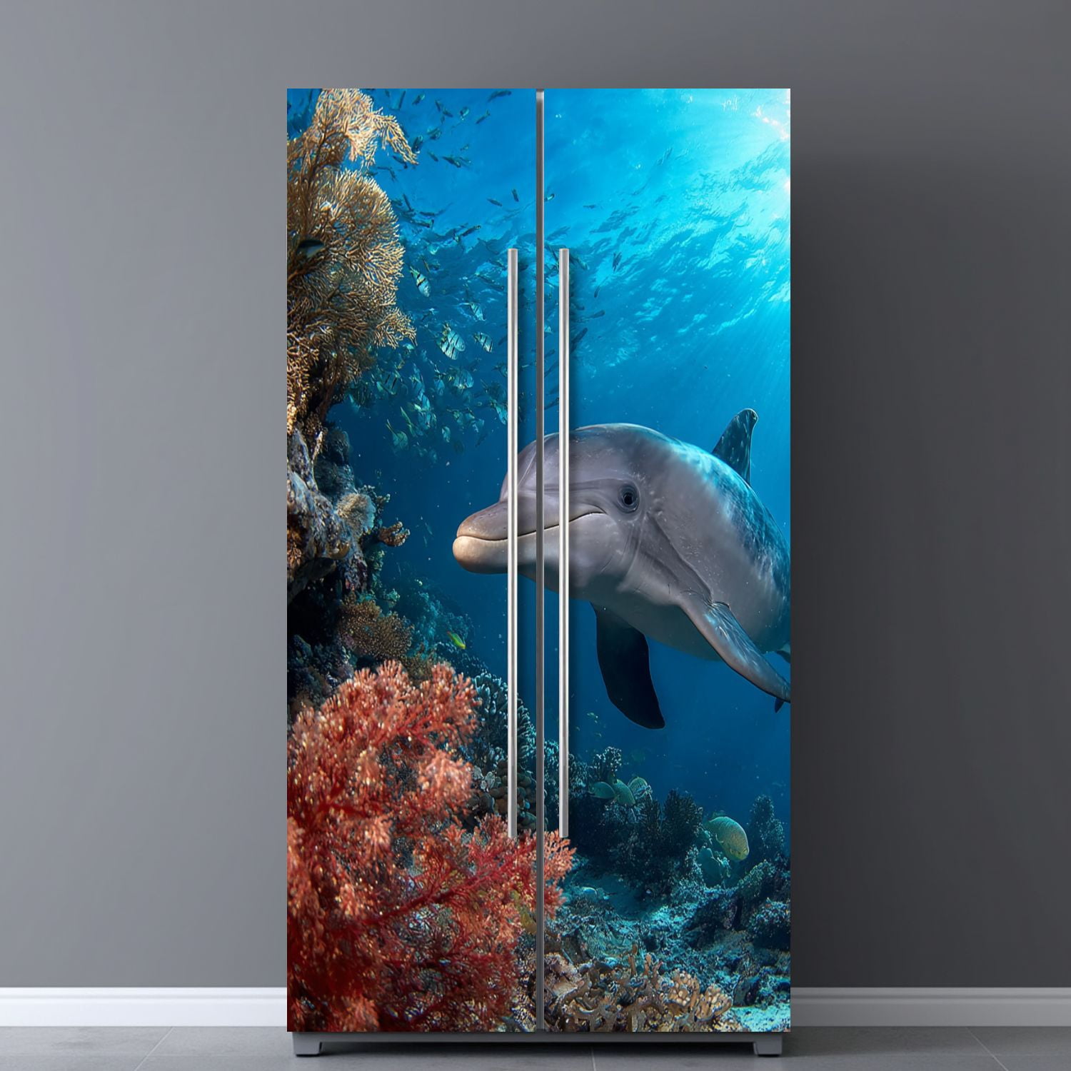 Self Adhesive Vinyl Refrigerator Wrap Set dolphin turtle underwater Door Mural Removable Fridge Sticker Peel and Stick&nbsp;Full Door Cover Decal Kitchen Bar Decor