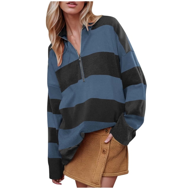 LOVZFMLL Sweaters for Women, Acrylic V-Neck Ribbed Pullover Striped Color Block Fashion Polo Loose Long Sleeve Tops Warm Fall Winter Clothes