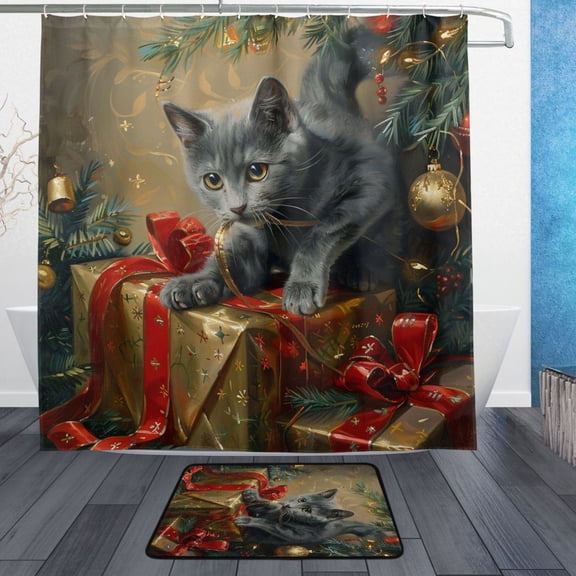 BZSMCE Shower Curtain and Bath Accessory Set,Playful Gray Kitty Among Presents Pattern