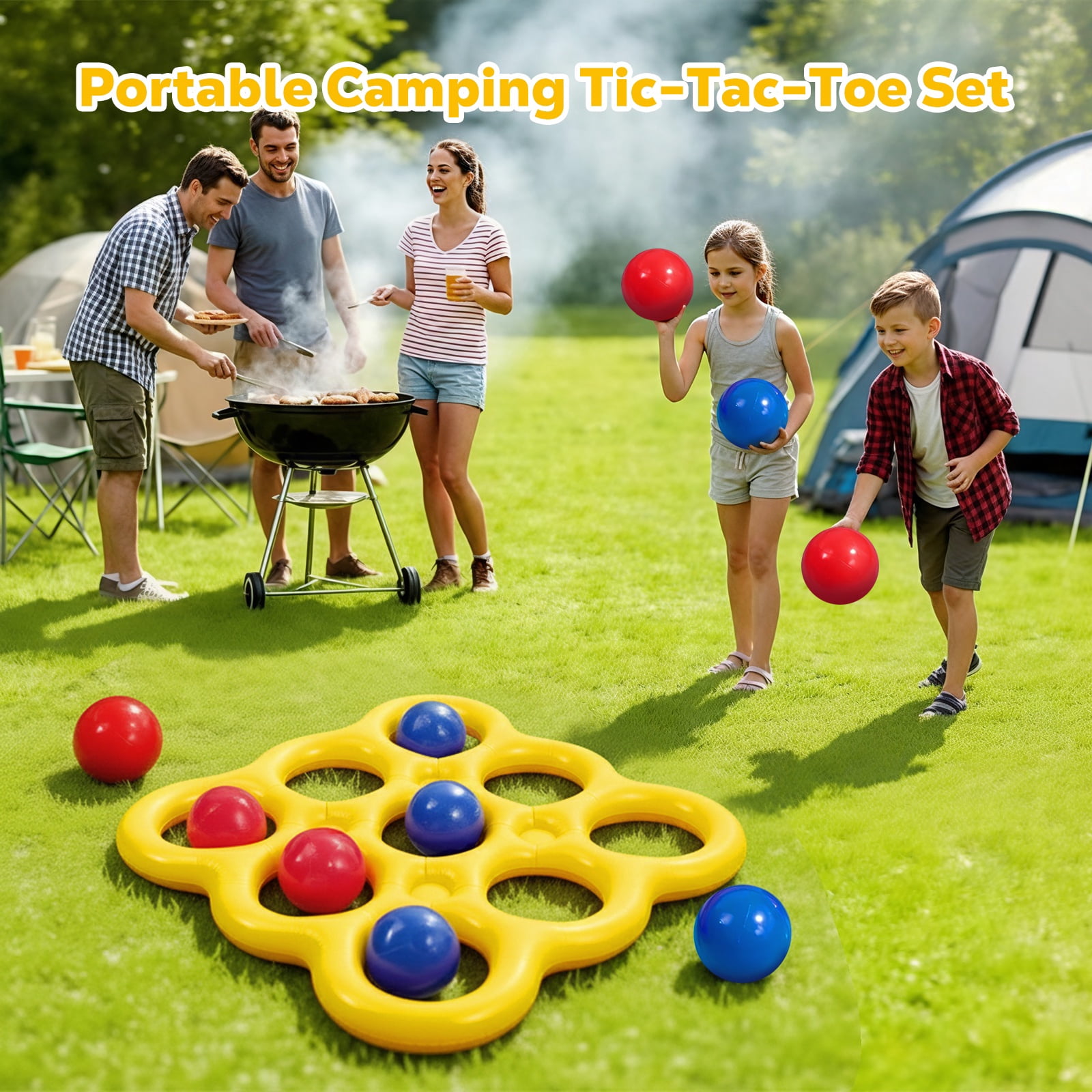 MoKo Pool Toys Games Set Tic-Tac-Toe Inflatable Pool Toy with 10 Balls - for Adults Teens Kids 2-10 Players, Yellow