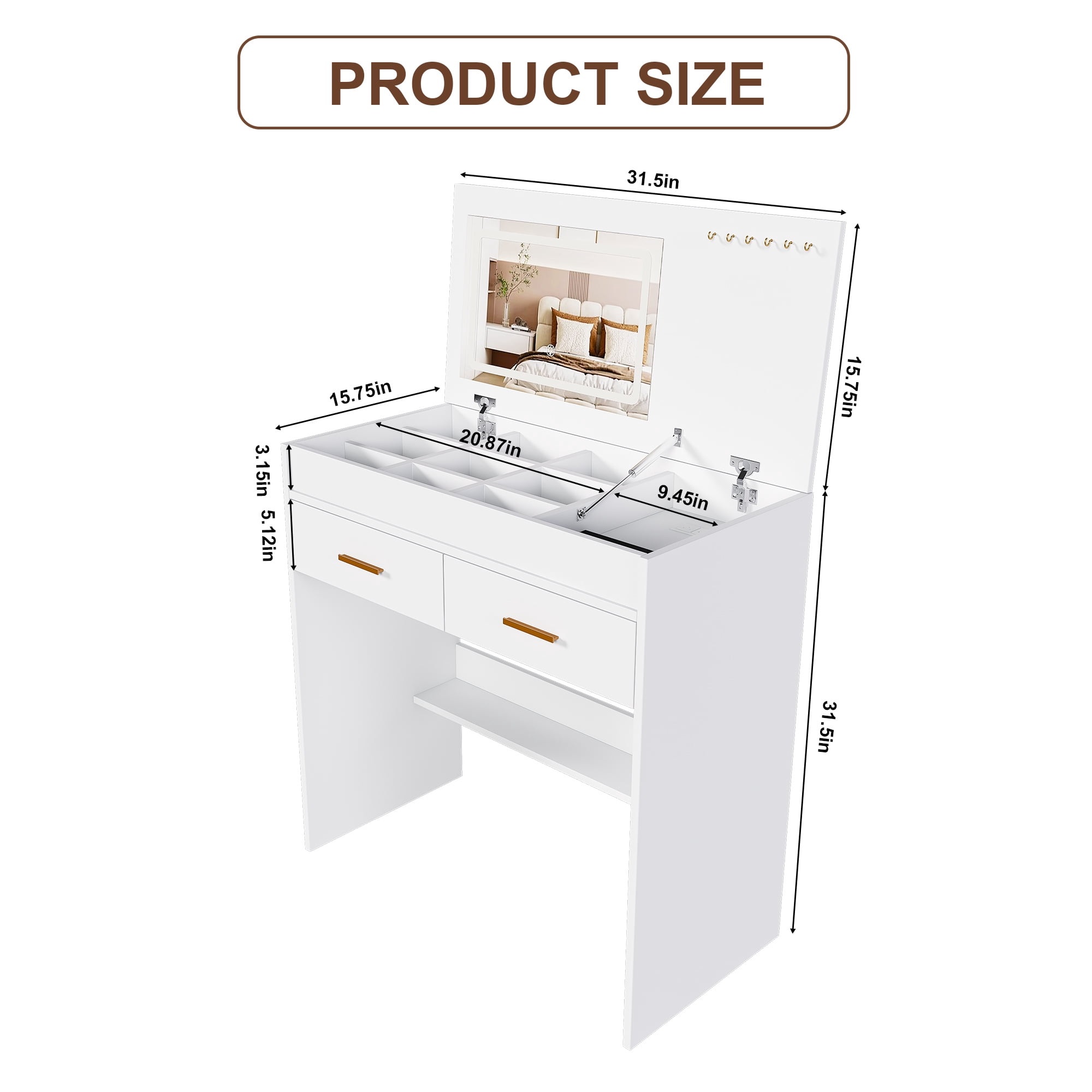 Leumius Makeup Vanity Desk with Mirror and Lights,Flip Top Dressing Table with 2 Drawers & Adjustable 3 Color Lighting Brightness for Bedroom Storage Cabinet,White