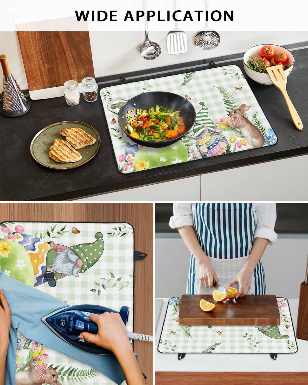 Large Induction Cooktop Protector Mat Green Easter Stove Top Covers for Electric Stove, Checkered Eggs Gnomes Bunny Elegant Pastoral Decorative Stove Burner Cover Mats, Glass Top Stove Cover