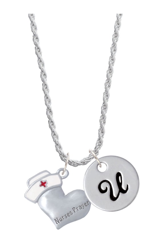 Silvertone Nurse's Prayer Heart - Healing Hand Silvertone Script Initial Disc - U - Charm Necklace, 20"+3"