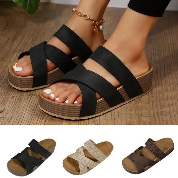 HaiMao Women's Flat Sandals Clearance - Criss-Cross Footbed Sandals with Faux Leather Slide for Summer Comfort Brown 12(43)