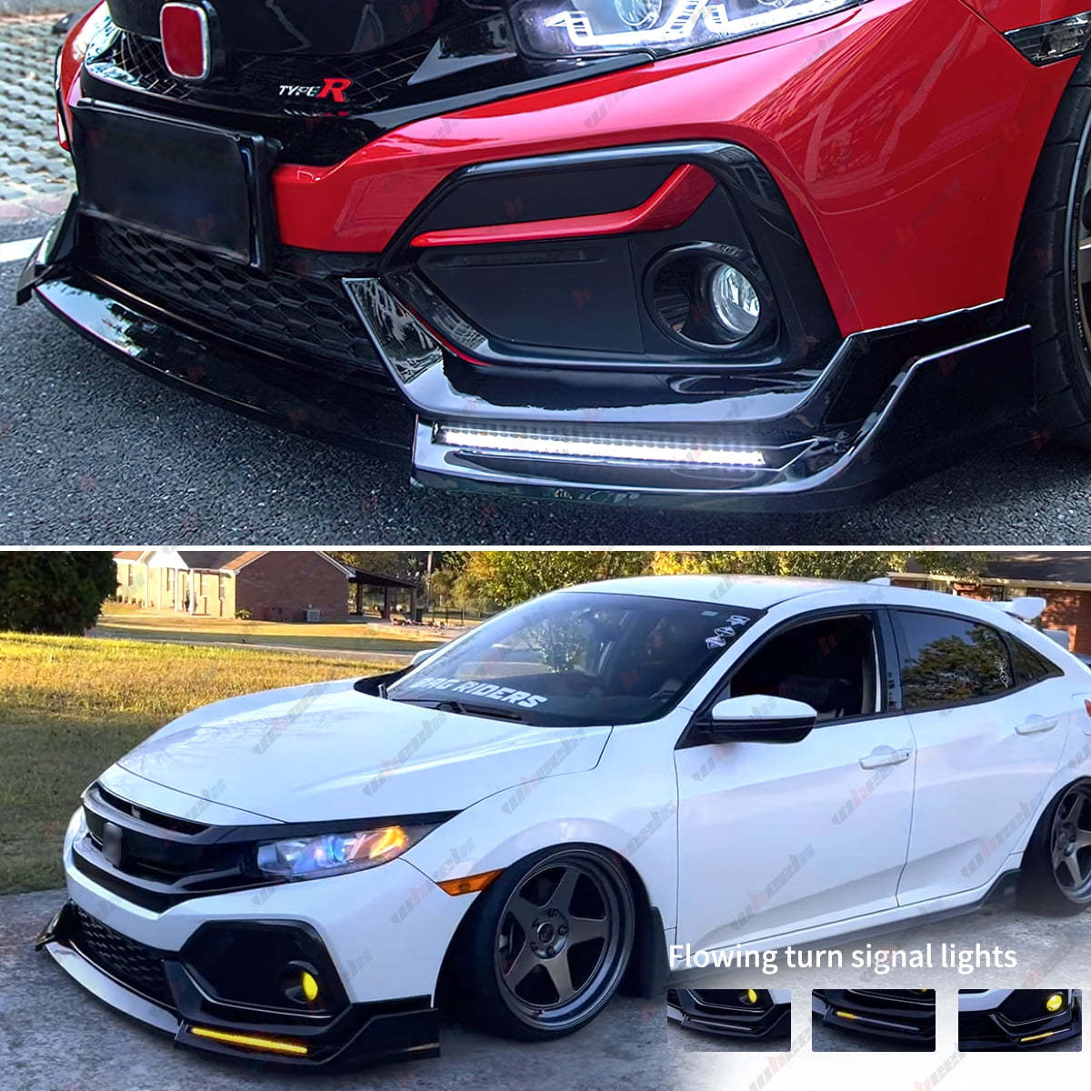 Front Bumper Lip W/Light Compatible with 2016-2021 Honda Civic Hatchback & Si, Air Dam Spoiler Splitter with LED Daytime Running Lights Fit for 2016 2017 2018 2019 2020 2021 (Glossy Black)