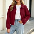 thumbnail image 2 of Ovzne Women's Zip Up Cropped Cardigan Lapel Collar Long Sleeve Jacket Drop Shoulder Ribbed Hem Casual Coat,Wine Jackets for Women, 2 of 7