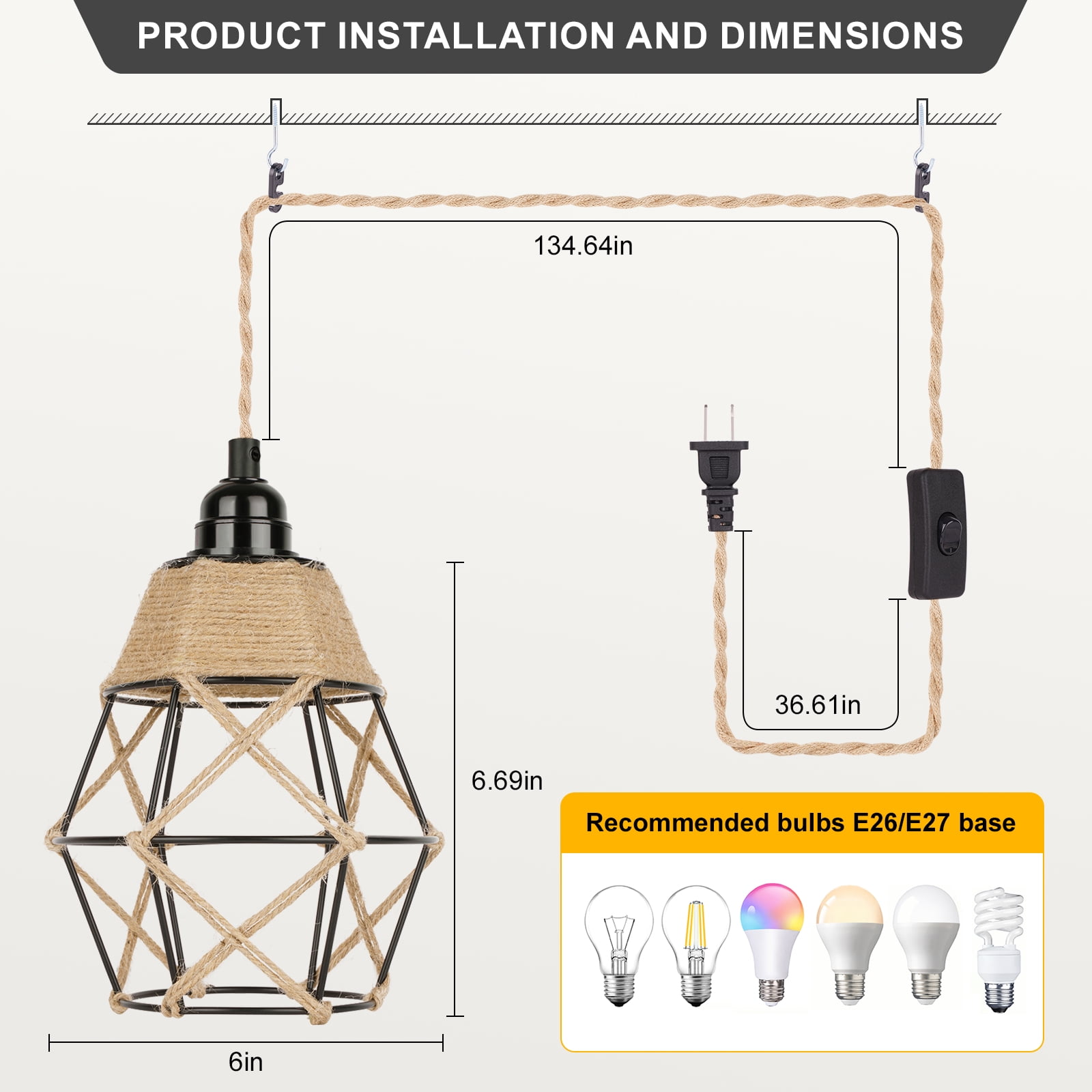 Motent Plug in Pendant Light, 16.4ft Hanging Light with On/Off