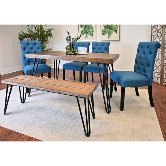 Dining Set with 4 Chairs and Bench | For Entertaining in Dining Room | Rustic Dark Pine Table with Hairpin Design | Elevates Home Decor