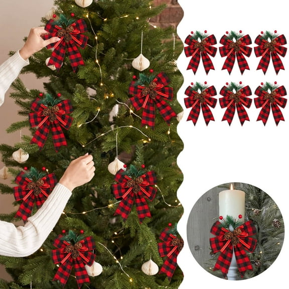 Christmas Burlap Plaid Bows 6 Pieces with Pine Cones Pine Needles Large Buffalo Check Ribbon Bows for Xmas Tree Wreath Holiday Parties Indoor Outdoor DIY Craft Decorations