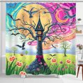 thumbnail image 1 of Whimsical Halloween Shower Curtain - Dark Tower in Skeletal Tree, Bats & Moon, 1 of 4