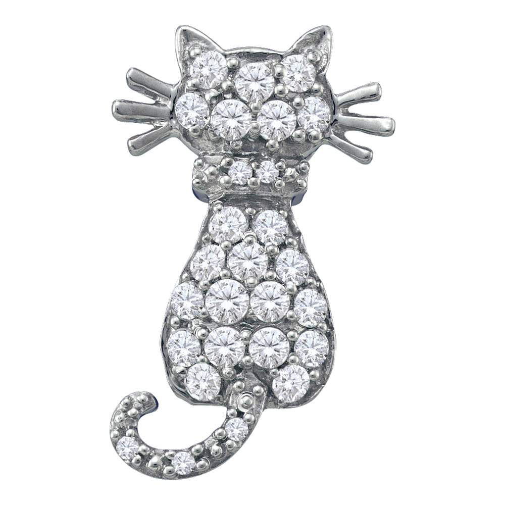 10kt White Gold Womens Round Diamond Kitty Cat Animal Pendant 1/3 Cttw