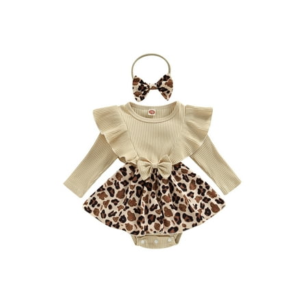 

Infant Baby Girl Romper Dress Leopard Print Ribbed Knit Crew Neck Long Sleeve Ruffle Skirt Hem Jumpsuit with Headband
