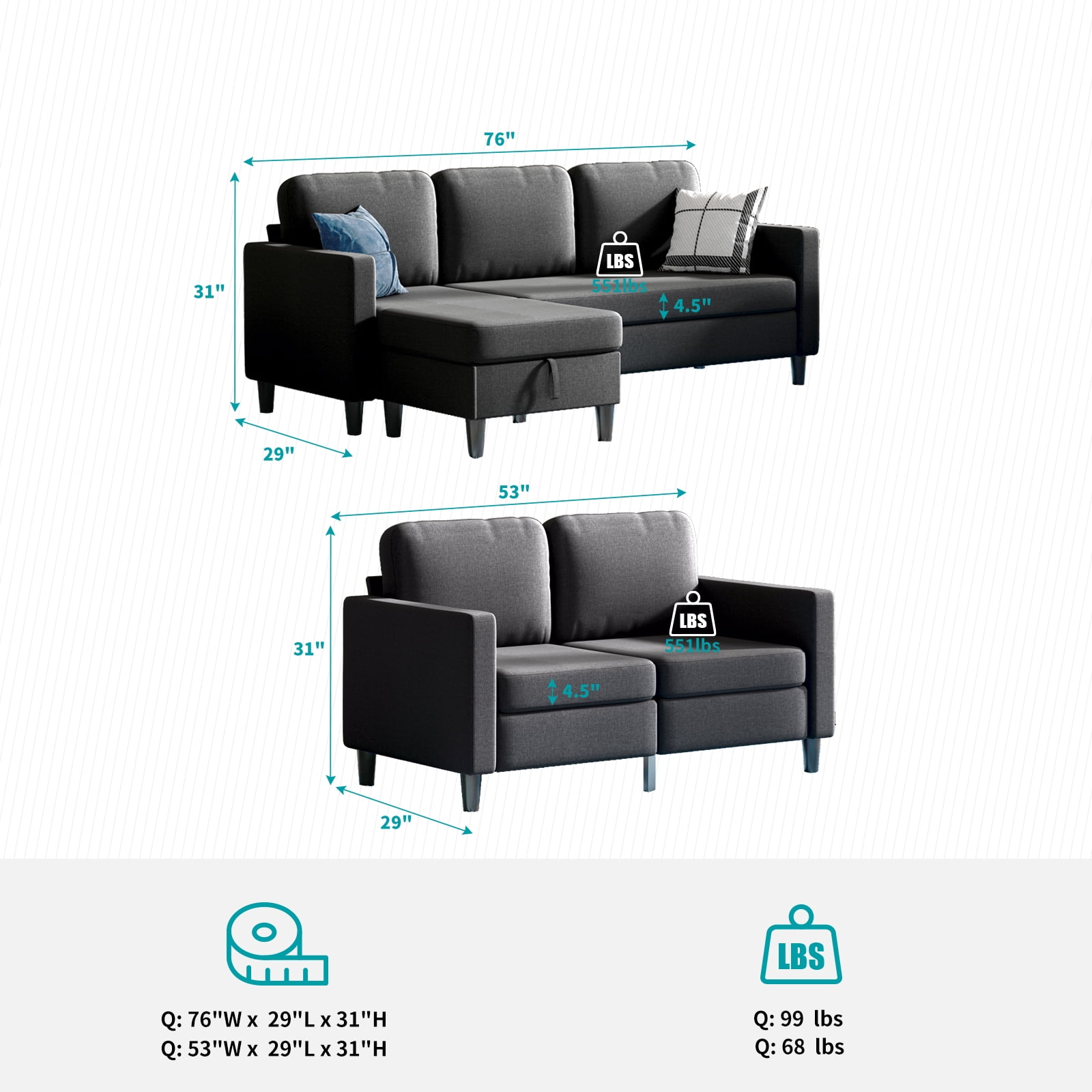 ZAFLY 2 Piece Sectional Sofa Sets, Living Room Furniture Set, Couch and Loveseat Sets - Dark Gray