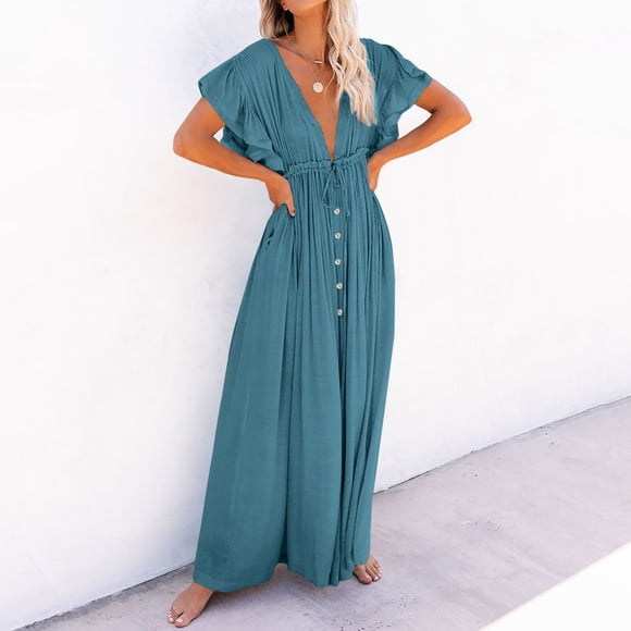 Summer Savings EGNMCR Bathing Suit Cover Up for Women Women's Summer Beach Blouse Button Drawstring Long Skirt Sun Protection Shirt