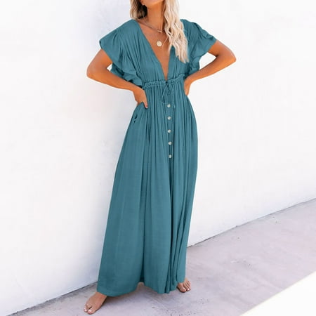 Pitauce Swimsuit Coverup for Women Button Drawstring Beach Maxi Dress V Neck Cotton Bathing Suit Cover Ups Swimwear on Clearance