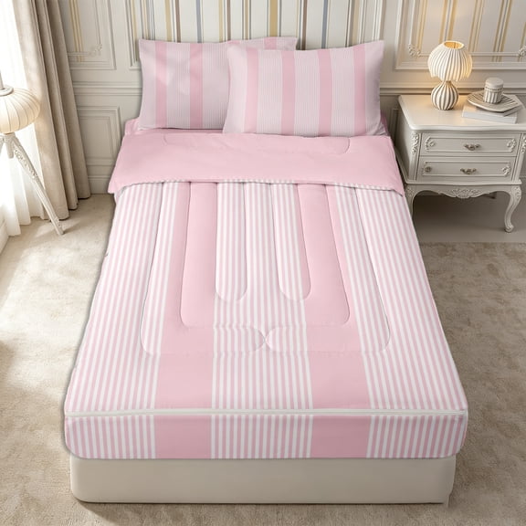 Castle Fairy Boho Thin Vertical Stripe Zipper Twin Comforter Sets with Fitted Sheet and 2 Pillowcases,Tribal Wide Band Zipper Bedding Set,Pale Pink White,Reversible