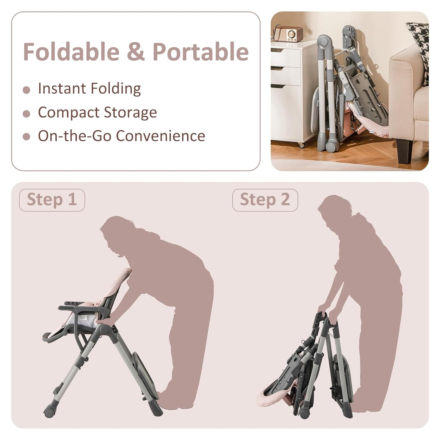 INFANS Baby High Chair, Convertible Quick Folding Portable Highchair for Babies and Toddlers with Adjustable Height Backrest Footrest 2 Wheels Removable Tray, Easy to Clean PU Seat