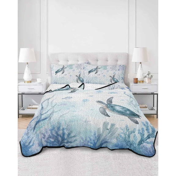 Quilts Queen Size, Sea Turtle Coastal Soft Comforter Bedding Set for Bed, Blue Seaweed Coral Ocean Summer Lightweight Quilted Bedspread with Pillow Cover(2 Pieces) for All Season, 90x96 Inch