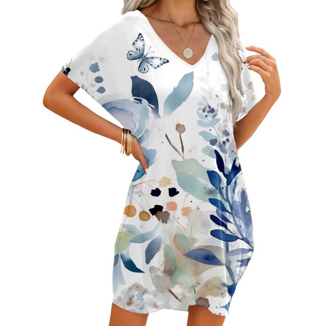 WILLBEST Robe Évasée Femme Été Décontractée Imprimé Fleuri Col en V Épaules Dénudées Manches Robe Imprimée Été
