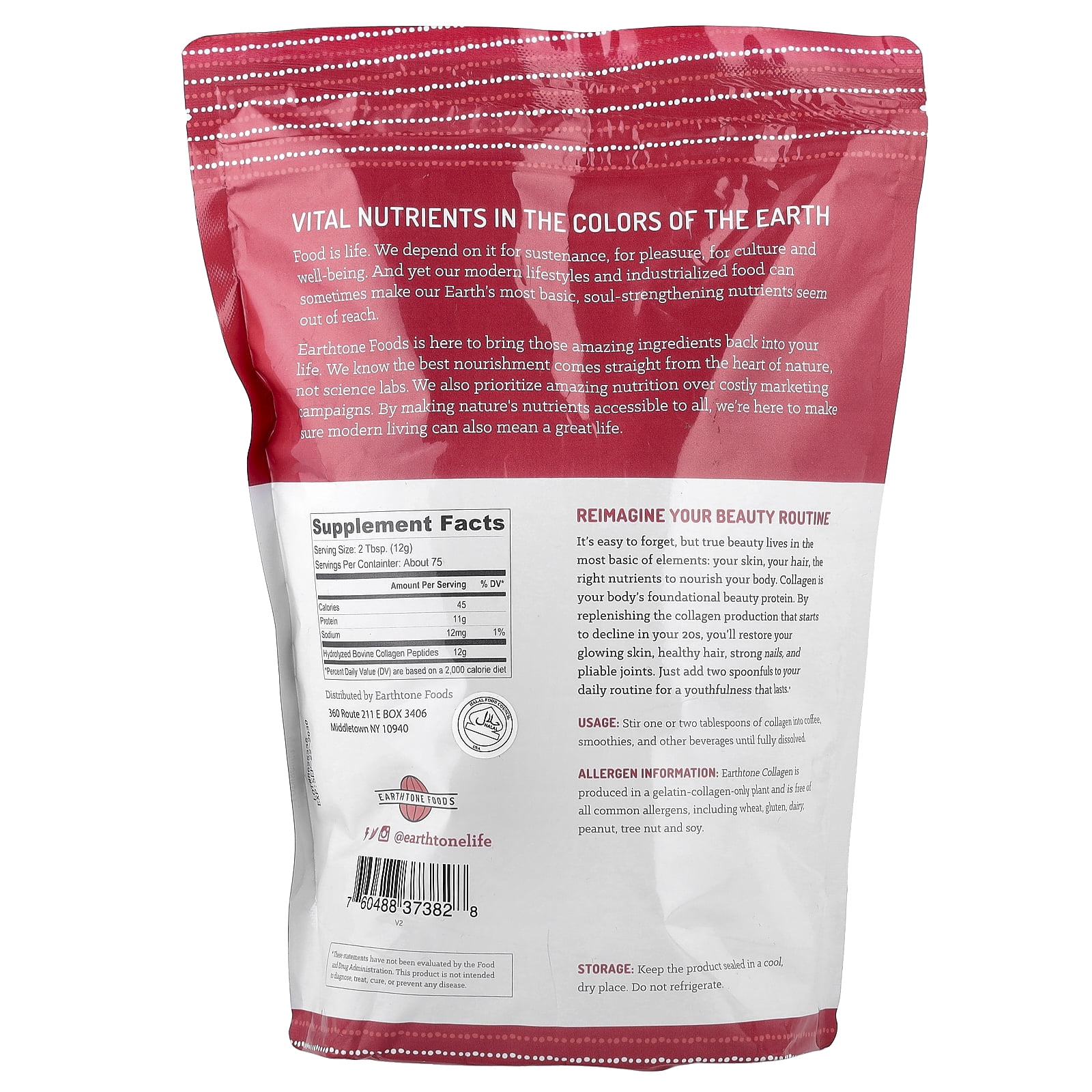 Earthtone Foods Grass Fed Collagen Peptides, Unflavored, 32 oz (907 g)