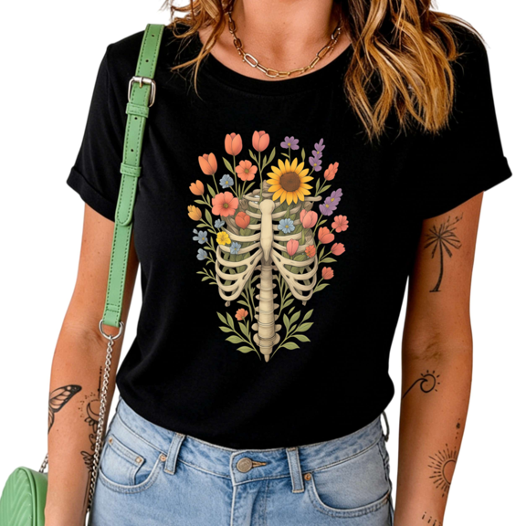 UNISHE Women's Floral Skeleton Rib Cage Graphic Crew Neck Short Sleeve T-Shirt Casual Tee