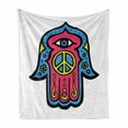 thumbnail image 1 of Hamsa Soft Flannel Fleece Throw Blanket, Hippie Boho Hamsa with Peace Sign in the Palm Art, Cozy Plush for Indoor and Outdoor Use, 70" x 90", Pink Blue Yellow, by Ambesonne, 1 of 6