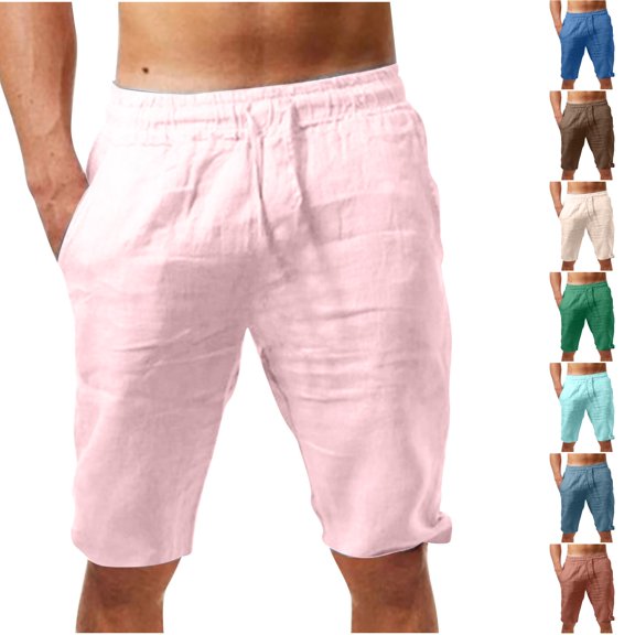 Dezsed Linen Shorts for Men Summer Casual Pocket Elastic Waist Straight Bermuda Shorts Sport Pants Pink M