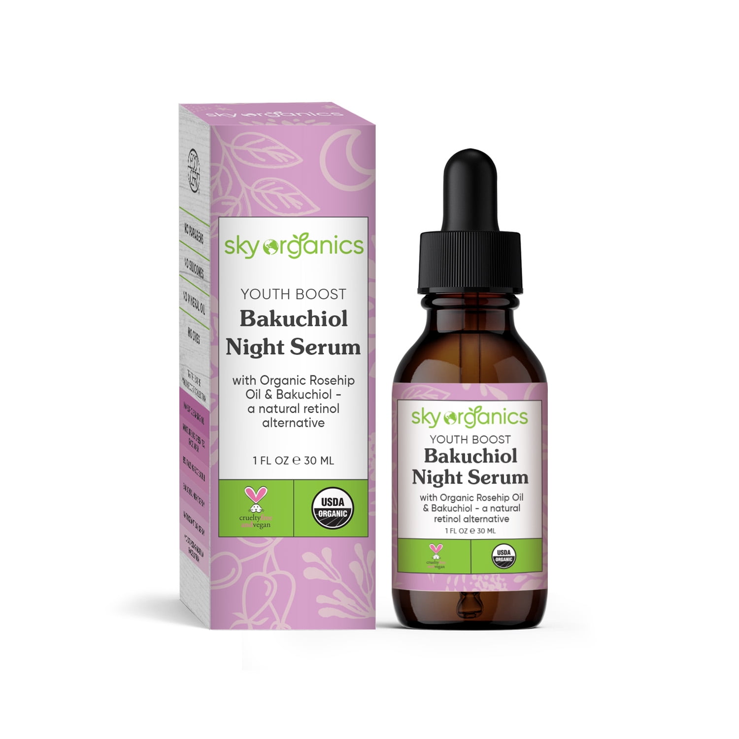 Sky Organics Youth Boost Bakuchiol Night Face Serum to Nourish and Smooth Skin, 1 fl oz