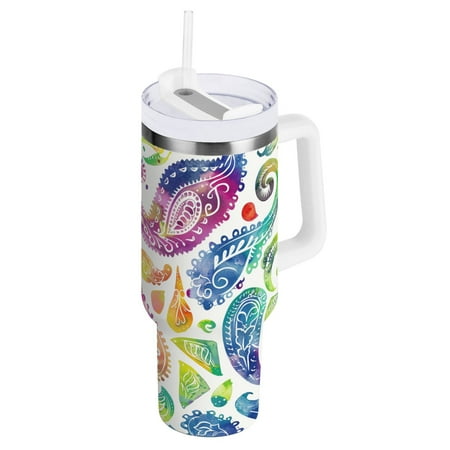 

JSTEL Rainbow Paisley Watercolour 40 oz Tumbler Stainless Steel Water Bottle Vacuum Insulated Cup with Straw Lid & Handle For Travel Car Cup Holder