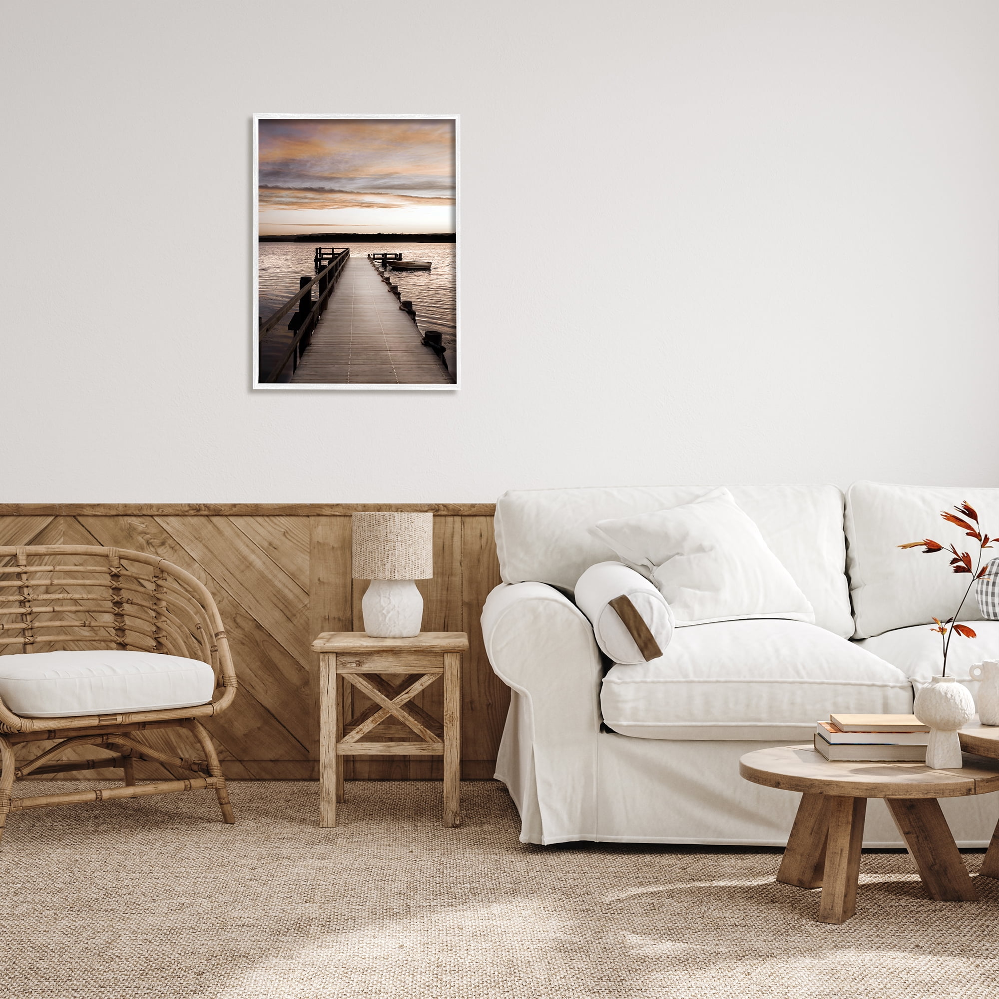 Stupell Industries Boat & Beach Pier Landscape Photography White Framed Art Print Wall Art, 24 x 30