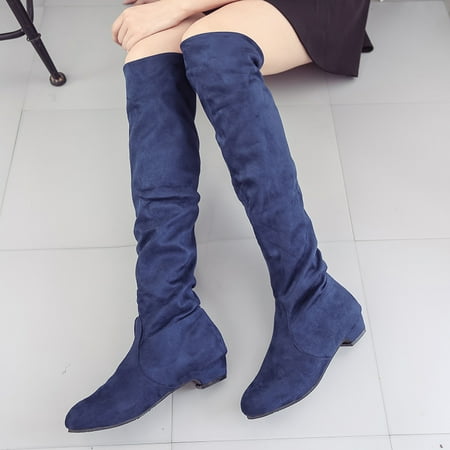 Women Flat Heel Boots Over Knee Suede Stretch Slouch Warm Boots Causal Shoes Over Knee Boots