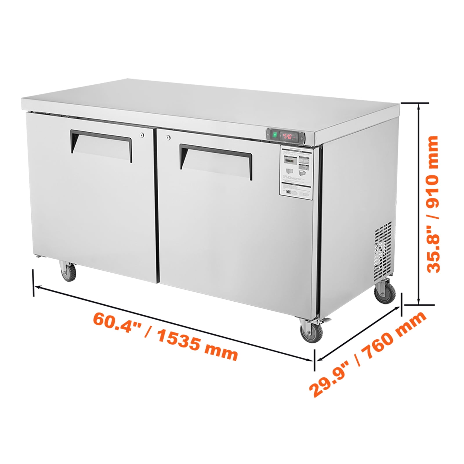 KFFKFF 60" Professional Fridge for Sandwich & Salad Preparation, 16.4 Cu. Ft Stainless Steel Chilled Food Preparation Area with Dual Doors, Defrosting Refrigerator with Lock for Eatery, Pub, Shop
