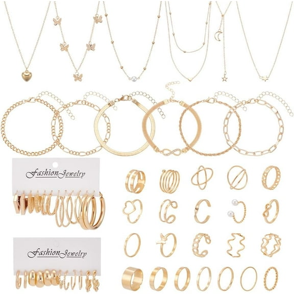 58 Pieces Gold Jewelry Set for Women Hoop Earrings Stud Earrings Pendant Necklaces Rings Bracelets Gold Plated Jewelry Fashion Costume Set for Women
