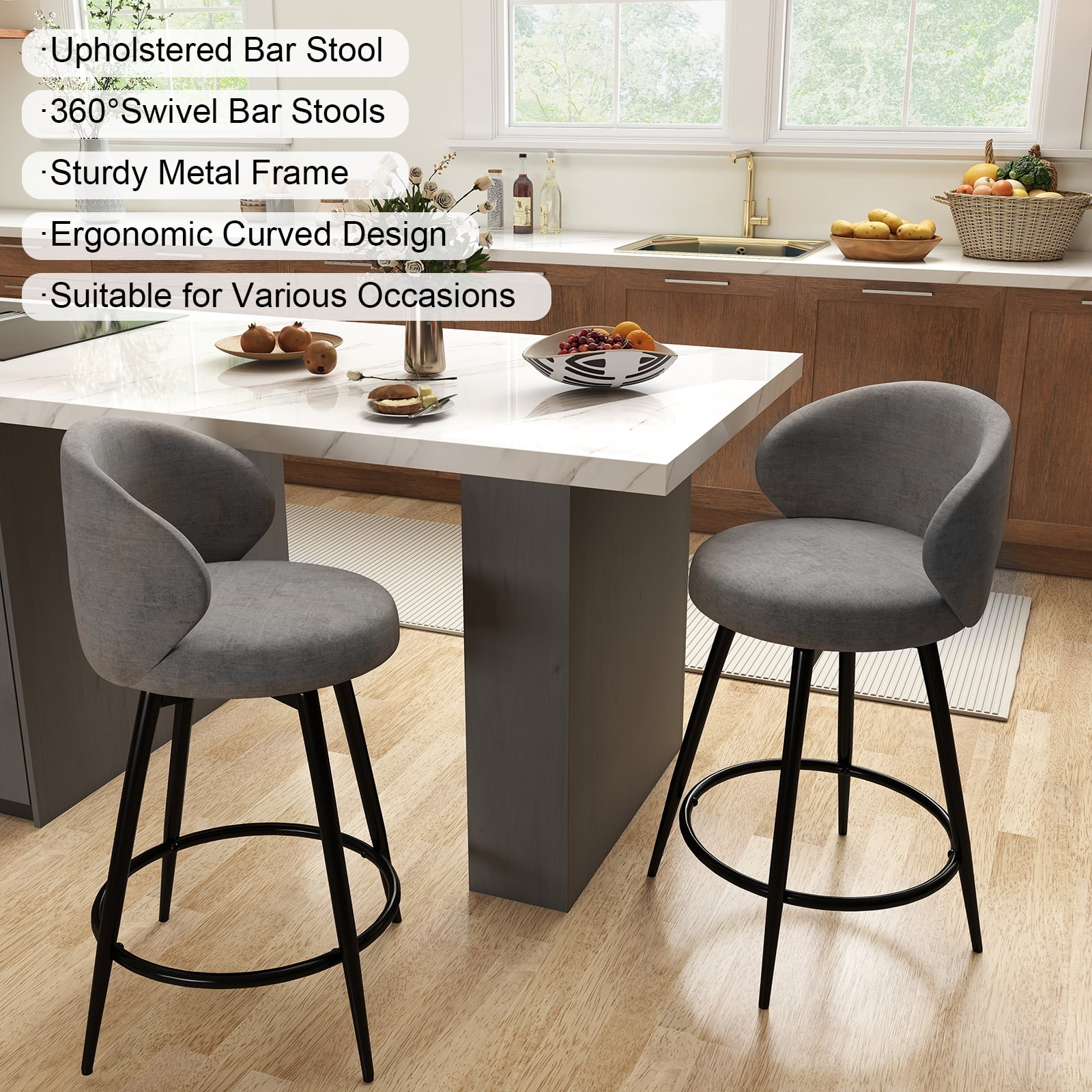 Rongbuk 360° Swivel Modern Bar Stool Set of 2, 26" Upholstered Counter Height Bar Stools with Wingback, Soft Linen Fabric, Counter Chairs with Arm for Kitchen Island or Home Bar, Grey