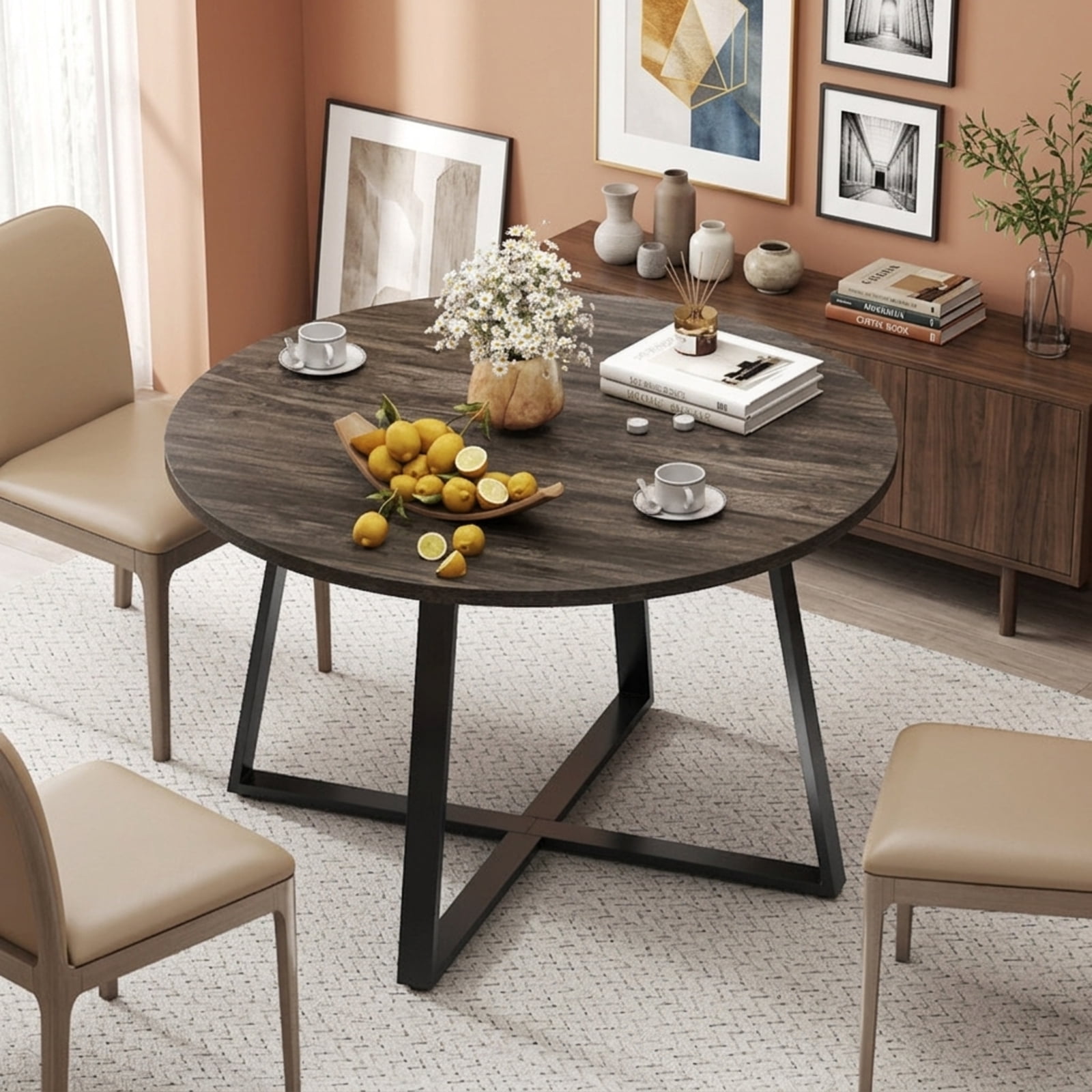 Furnibear 47 Inch Round Dining Table with Stable X Shaped Base and Thickened Top