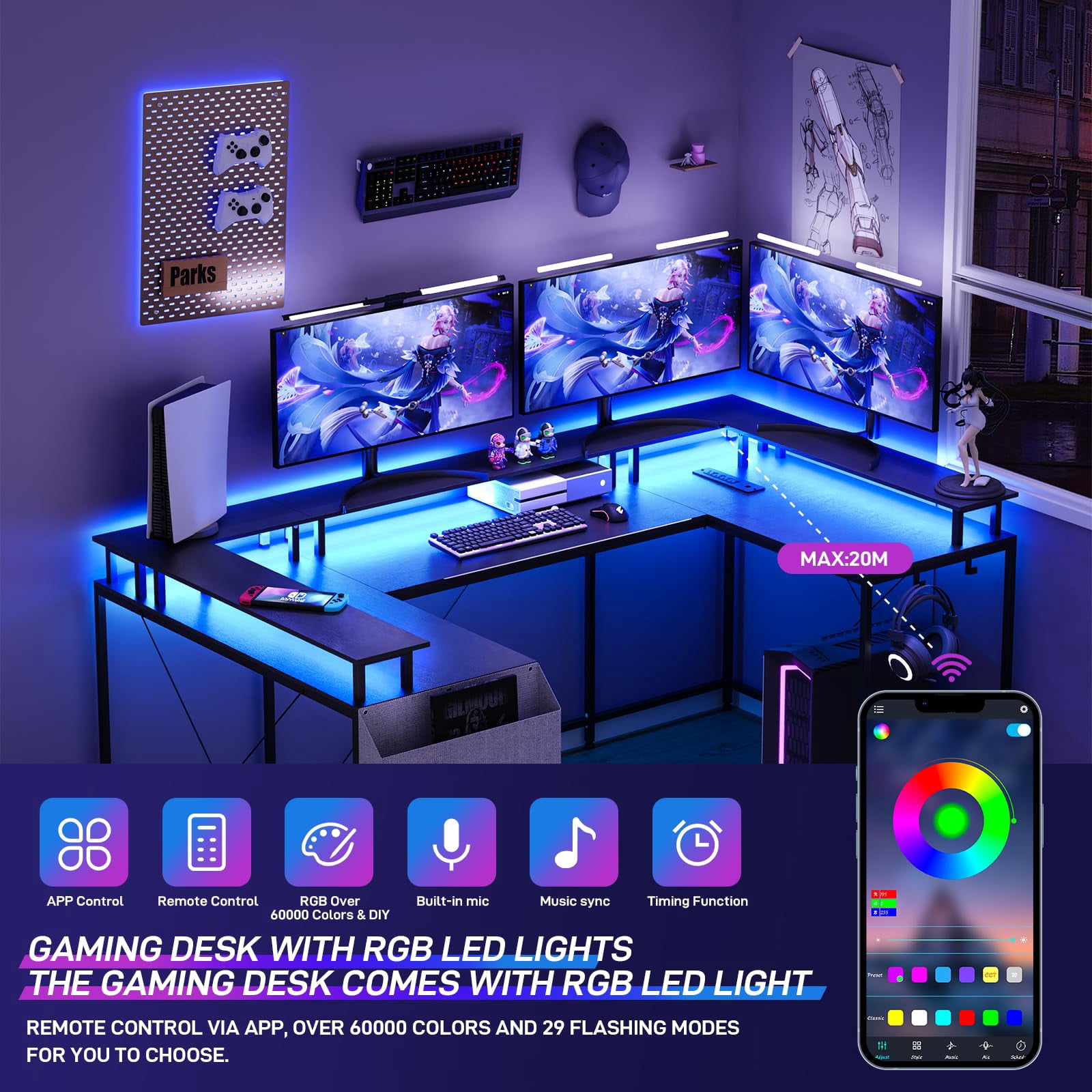 KOKEBREN 78.8" U Shaped Computer Desk, Reversible L Shaped Desk with Power Outlets, LED Lights, Monitor Stand & Storage Shelves, Corner Office Desk for Gaming - Black