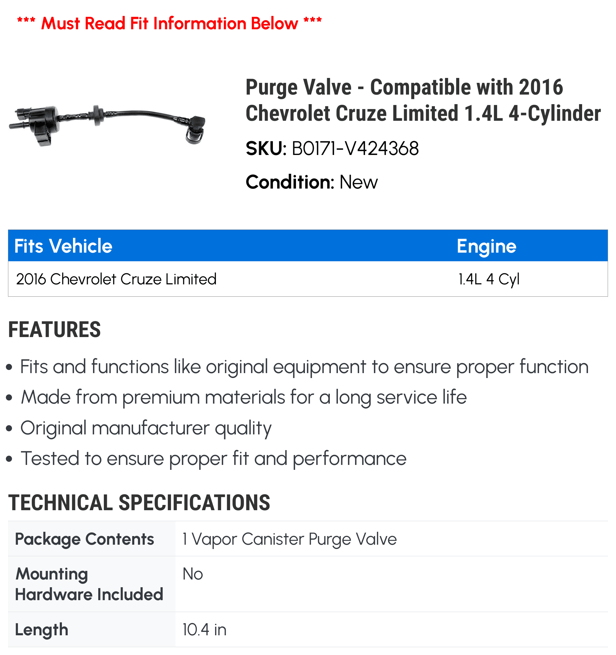 Purge Valve - Compatible with 2016 Chevrolet Cruze Limited 1.4L 4-Cylinder - Dorman